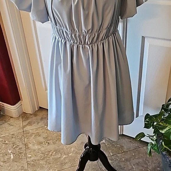 Merikeety blue off the shoulder dress, has side pockets. - Picture 3 of 8